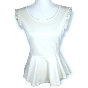 SCOBE IVORY PEPLUM TOP W/EMBELLISHMENTS SZ.M EUC